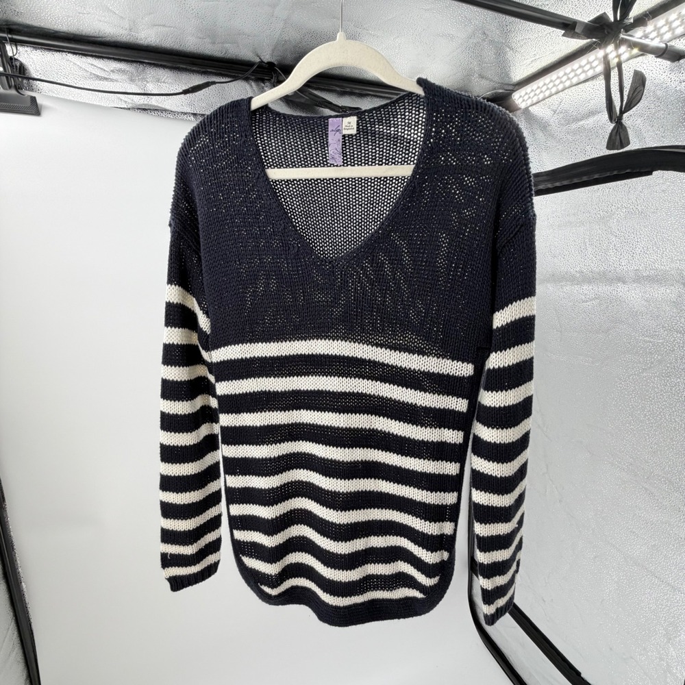 Alya Navy Blue White Striped V-Neck Open Knit Sweater Womens Medium Nautical